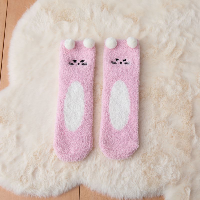 Winter Soft Coral Fleece Women Thigh High Socks Cute Cartoon Animals Panda Cat Bear Over Knee High Ladies Girls Long Socks Home: style 2 pink