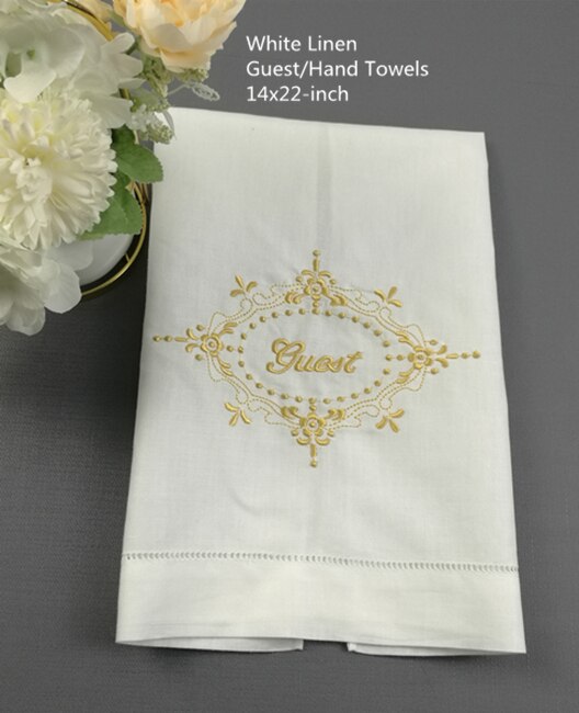 Sæt  of 12 håndklæder hvid linned hemstitched viskestykke klud gæstefad køkken håndklæder med broderi blomster