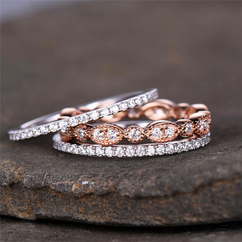 ROMAD 3 teile/satz zierlich Ring einstellen für Frauen Rose Gold Gefüllt Ring Braut retro Hochzeit Band Versprechen Engagement Ringe Für frauen R4