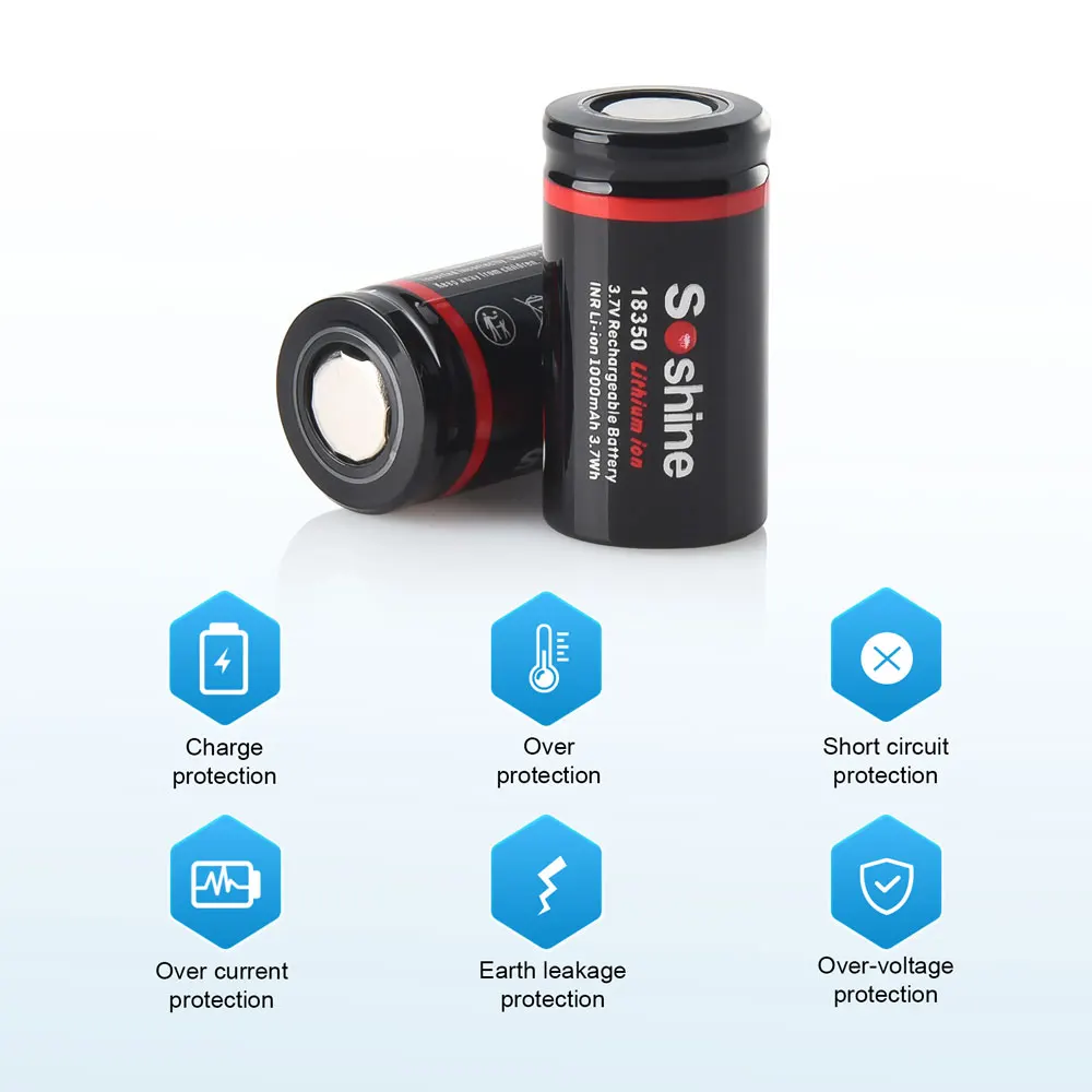 Soshine Li-Ion 18350 Akku 3,7 V 1000 mAh wiederaufladbarer Lithium-Akku 1000 mAh Akkus für Kamera-LED-Taschenlampen Türklingeln