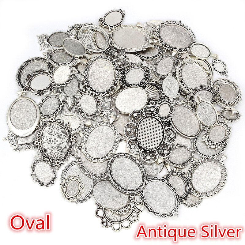 30 Gramm Mix Styles Antike Bronze Versilberte Zinklegierung Anhänger Blank Cameo Cabochon Base Setting Lünetten Schmuck Zubehör: Oval Antique Silver