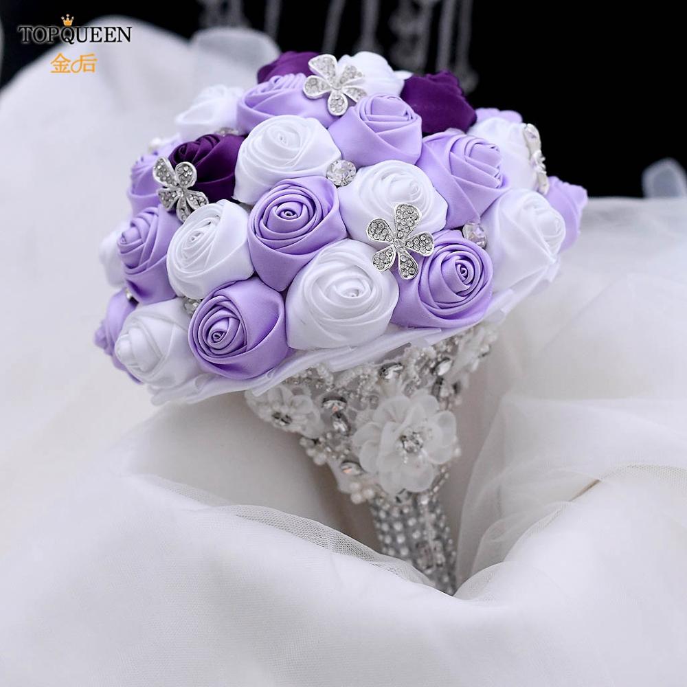 TOPQUEEN Artificial Flower Rose buque casamento Bridal Bouquet for Wedding Lavender White Gorgeous Crystal Wedding Bouquet F7
