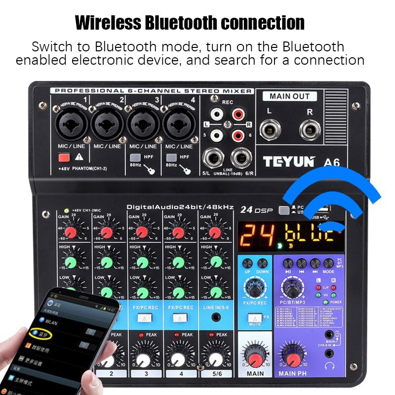 Sound Card 6-Channel Mixer Outdoor Conference Audio USB Bluetooth Reverb Audio for Microphone Live