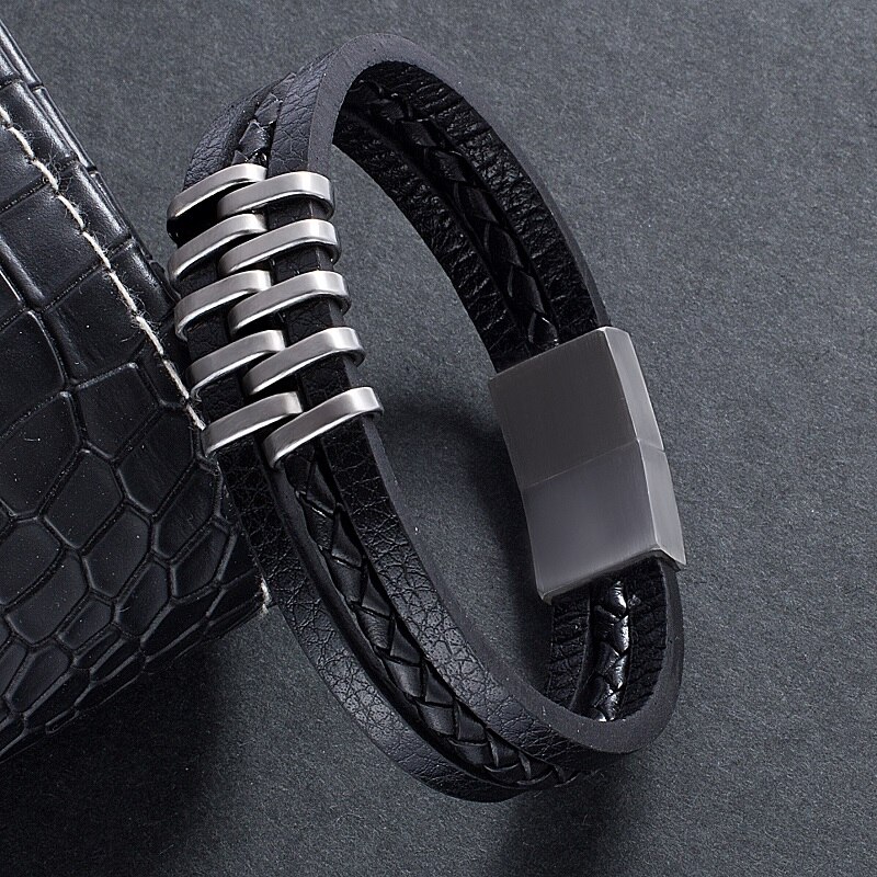 Mannen Lederen Armbanden Sieraden Roestvrij Staal Magnetische Sluitingen Brede Leren Armband Mannelijke Polsband 822