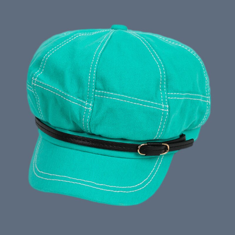 HT3319 Women Berets Spring Autumn Women Hat Retro Leather Belt Octagonal Newsboy Cap Ladies Solid Plain Artist Painter Beret Hat: Acid Blue