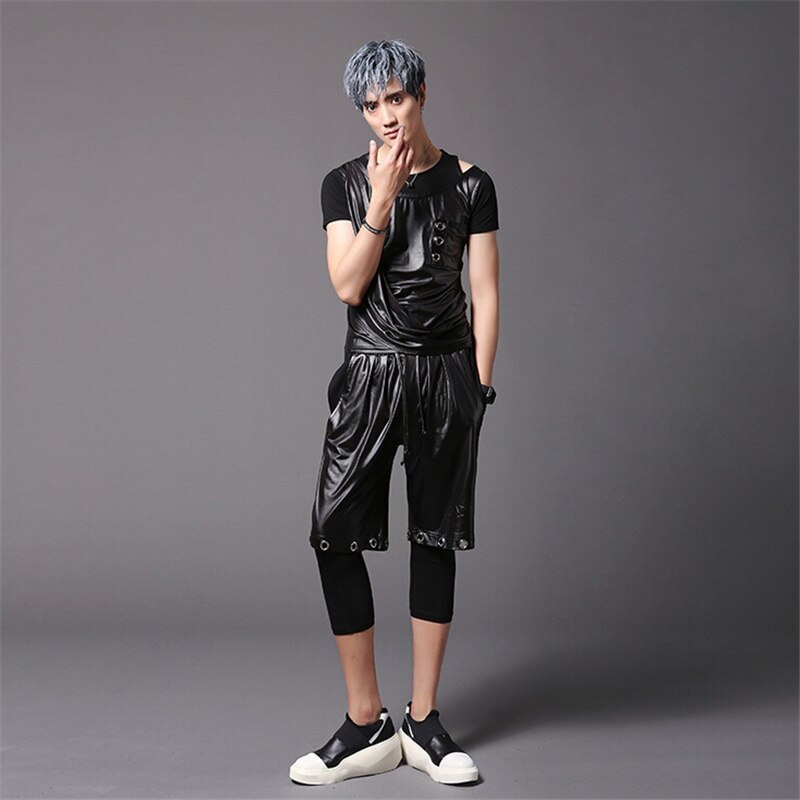 Pantalones elásticos punk de primavera y verano para hombre, traje para actuación de discoteca, leggings casuales vintage para hombre, pantalones de retales de imitación de cuero
