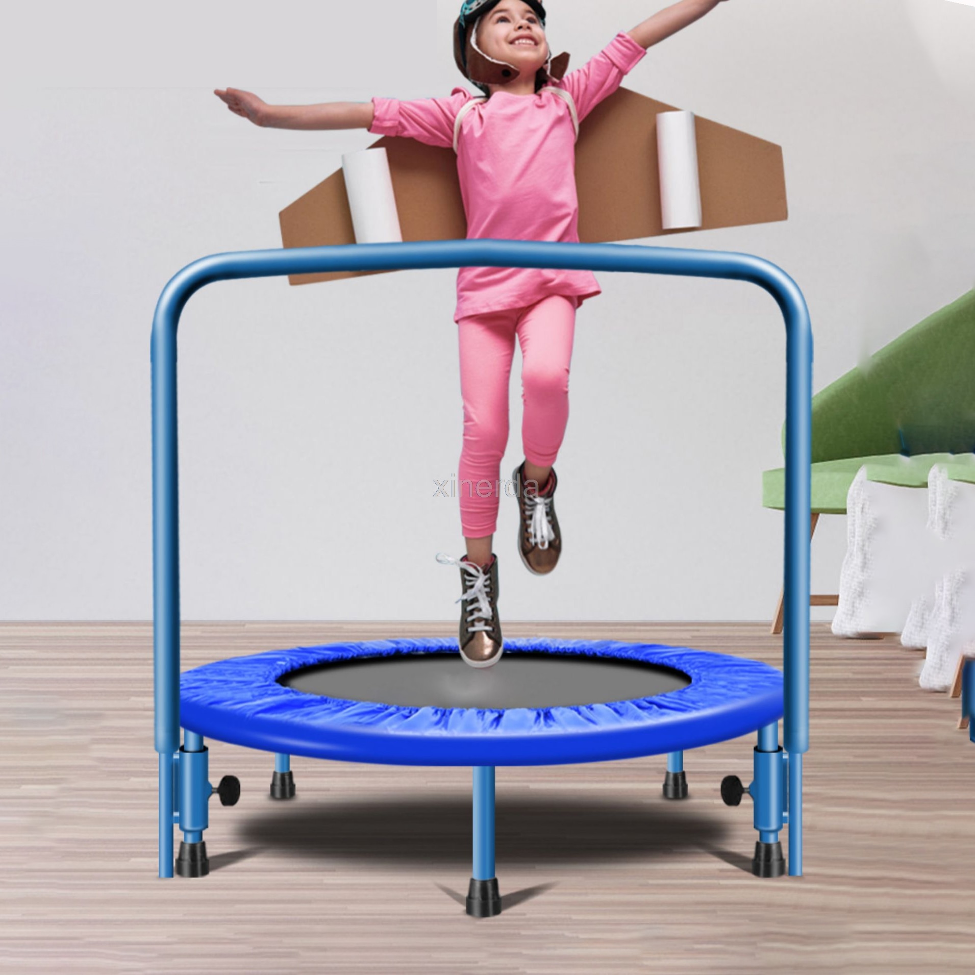 Trampolín de 91cm con barra de mango para niños y bebés, trampolín de Fitness para interiores/exteriores, rebotador, entrenador de Cardio de salto