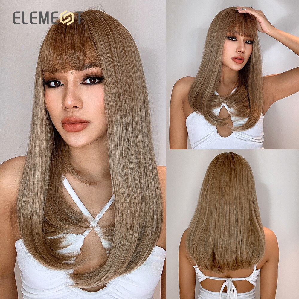 Element 16 Inch Synthetic Wig With Bangs Natural Headline Ombre Brown Color Cosplay Party Replacement Wigs for Women: lc167-6
