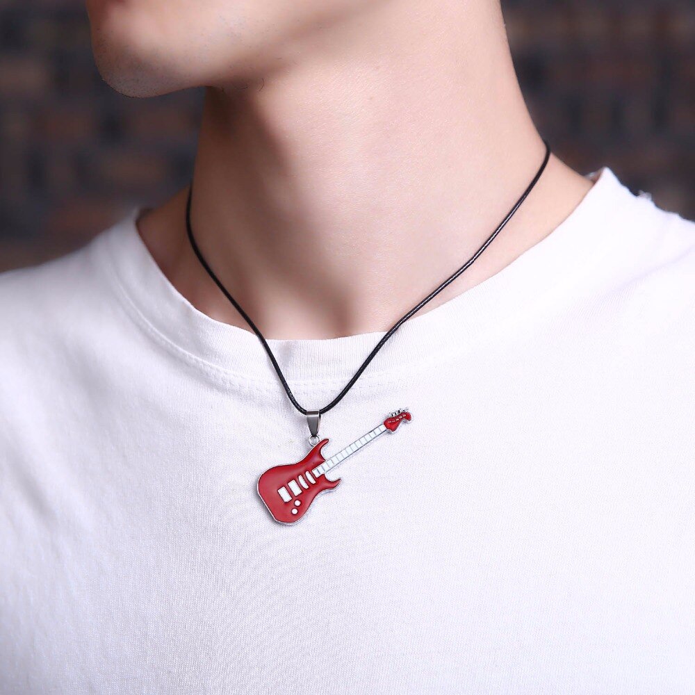 Rinhoo Trendy Leather Chain Guitar Necklace For Men Punk Rock Music Jewelry Stainless Steel Pendant Necklace