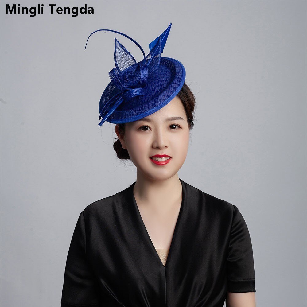 Mingli Tengda 6 colores Filipinas Cambric sombrero de Bodas de lino de la pluma nupcial tocado mujeres sombreros Azul Real