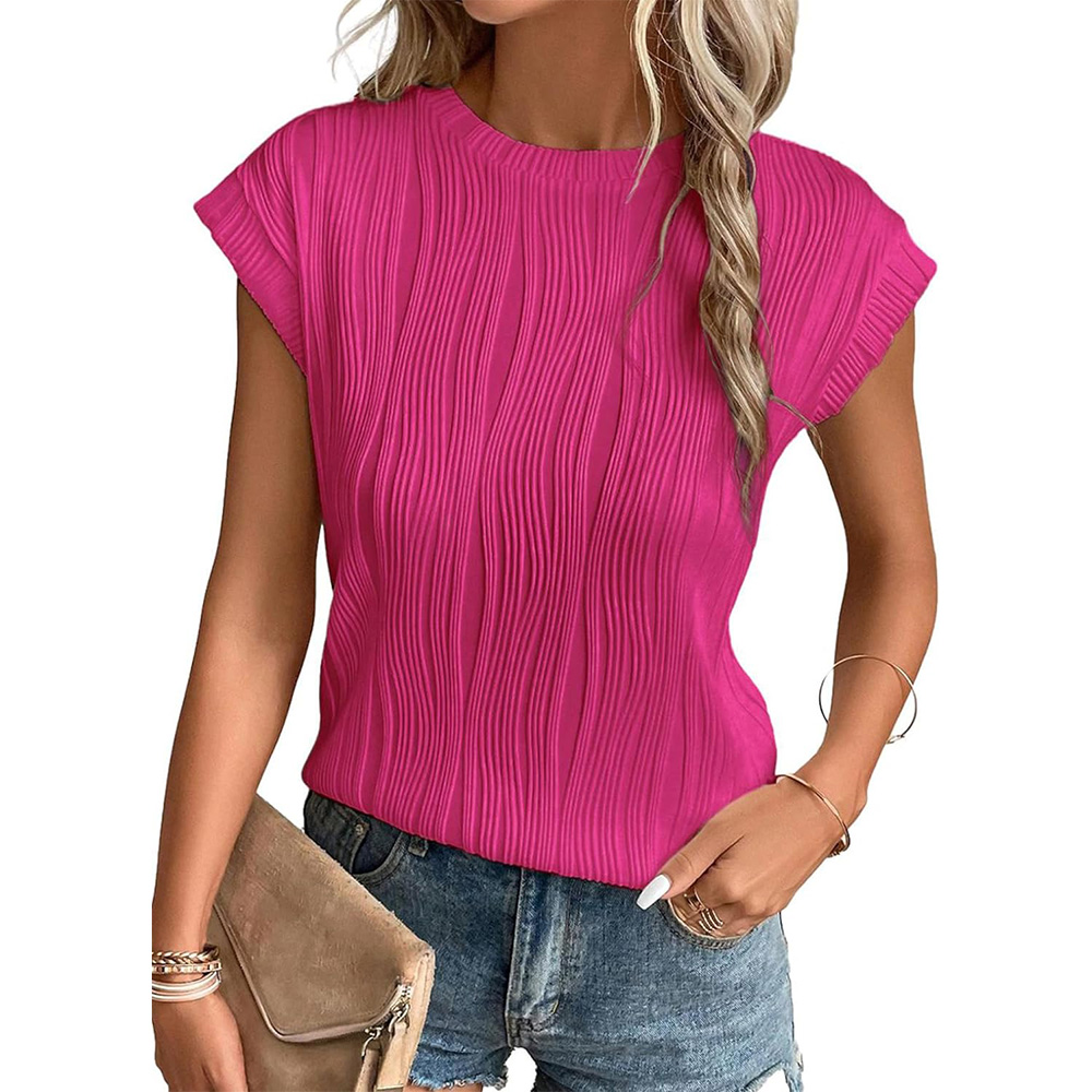 Womens Short Sleeve Textured Tops Crewneck Knit Solid Loose Casual Basic T Shirts Tee Blouses: XXL / Rose Red