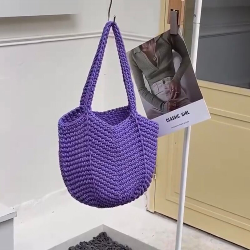 2022 Katoenen Draad Gebreide Vrouwen Handtassen Dames Netto Hollow Out Tote Vrouwen Geweven Schoudertas Strandtas Sets hele: Paars