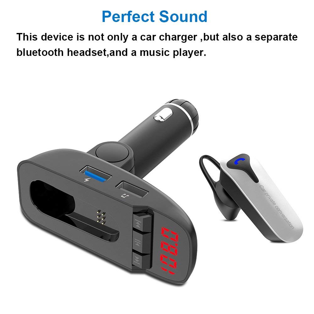 FM Transmitter Bluetooth V4.2 Handsfree Car Kit + Headset Earphone FM Modulator Adapter Aux Output Inout Support TF Card U-disk
