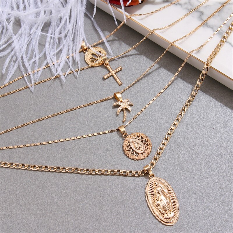 Bohemian Multi-layer Pendant Necklace for Women Vintage Coco Cross Lotus Virgin Mary Collar Choker Bead Chain Jewelry