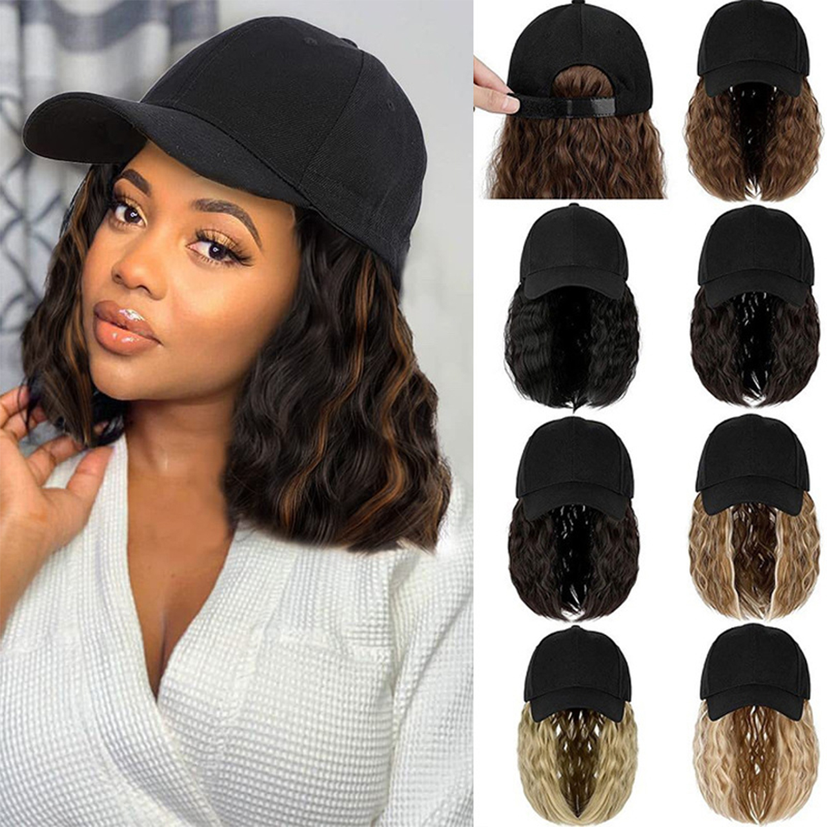 Pelucas de pelo ondulado rizado esponjoso sintético largo negro Difei con sombrero gorra de béisbol conectar naturalmente peluca de sombrero ajustable para mujeres