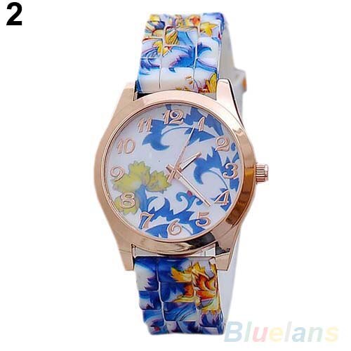 Mode Vrouwen Bloemenprint Silicon Band Arabische Cijfers Wijzerplaat Quartz Horloge Armband