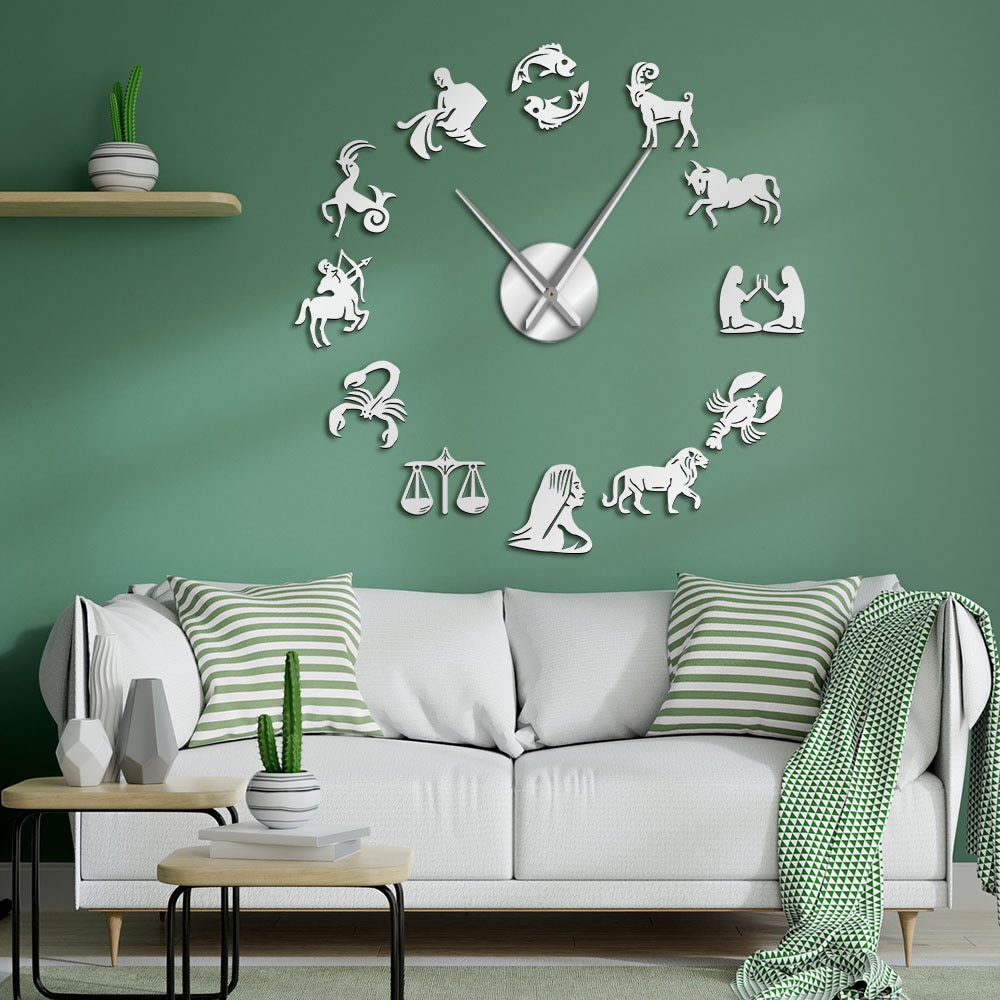 Zodiac Signs Wall Art Stickers Giant DIY Frameless Wall Clock Constellation Astrology Hanging Clock Watch Home Decor Fans