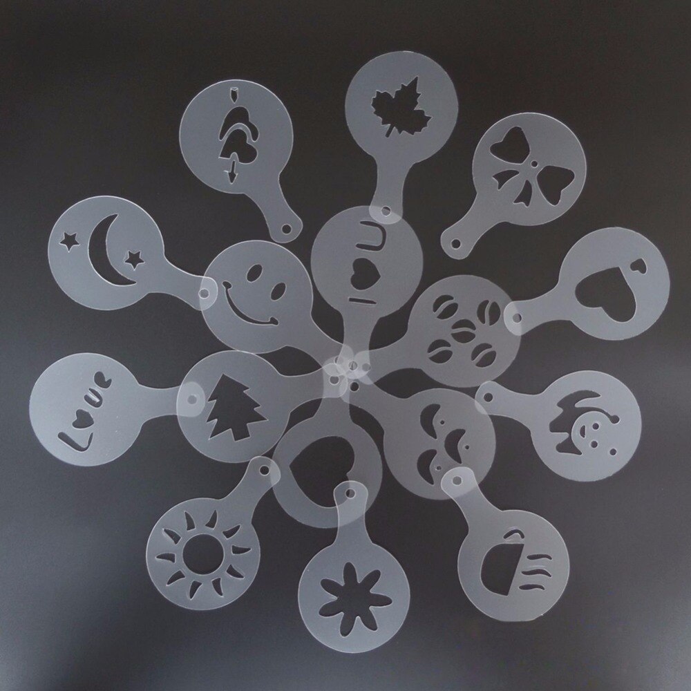 Stainless Steel Chocolate Shaker Duster + 16pcs Cappuccino Coffee Stencils + Measure Spoon Coffee Tea Tools