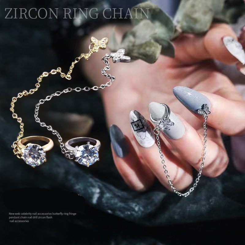 2Pcs Nagel Sieraden Vlinder Ring Kwast Hanger Nail Art Decoratie Nail Zirkoon Flash Diamant Nail Art Accessoires