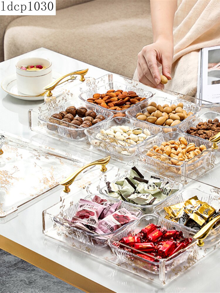 Caja transparente de frutos secos dorados para fruta, bandeja creativa europea para aperitivos, semillas de melón, plato de acrílico empaquetado con azúcar
