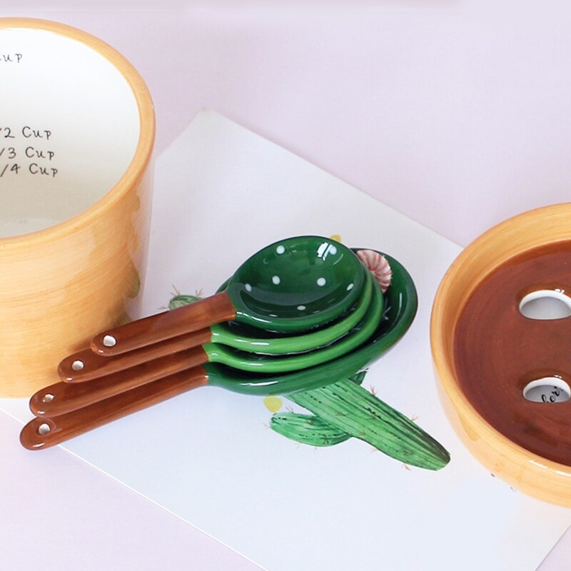 A0KE Ceramic Cactus Measuring Spoons with Holder Set Baking Measuring Spoons for Home Kitchen Cooking Baking Sugar Salt Add