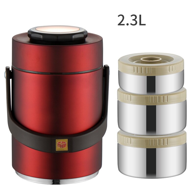 Portable Large Capacity 304 Stainless Steel Vacuum Insulation Bento Lunch Box Leak-Proof Food Storage Container Outdoor Thermos: Red-2.3L