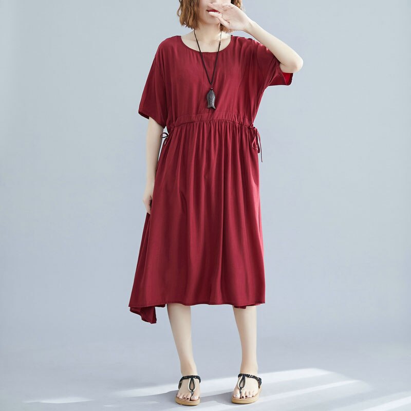 Dimanaf plus size damklänning sommar med bälte veckad bomull casual stil kvinnlig vestidos lös solid basklänning 4 färger: Hany 9195cn- hong / Xl