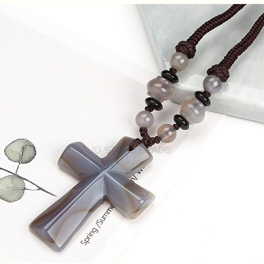 Natural Stone Cross Necklace Hand-woven Rope for Women and Girls Long Sweater Chain Jewelry: Purple