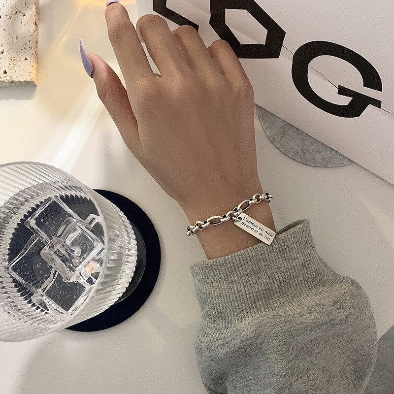 925 Sterling Silver Square Alphabet Bracelet for Women Men Thai Silver Chain Bracelet Vintage Jewelry S-B182