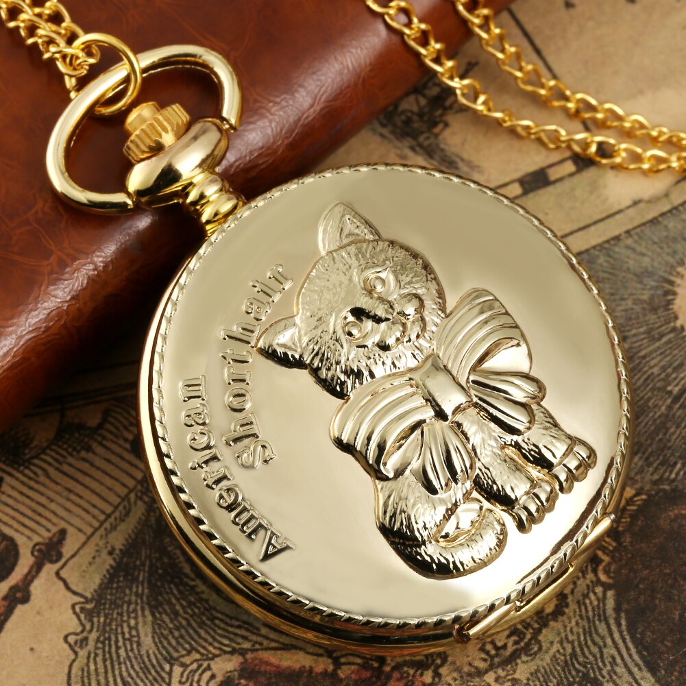 Antieke Leuke Amerikaanse Korthaar Quartz Zakhorloge Opluchting Goud Kleur Vintage Horloge Voor Man Vrouwen Best Reloj De Bolsillo