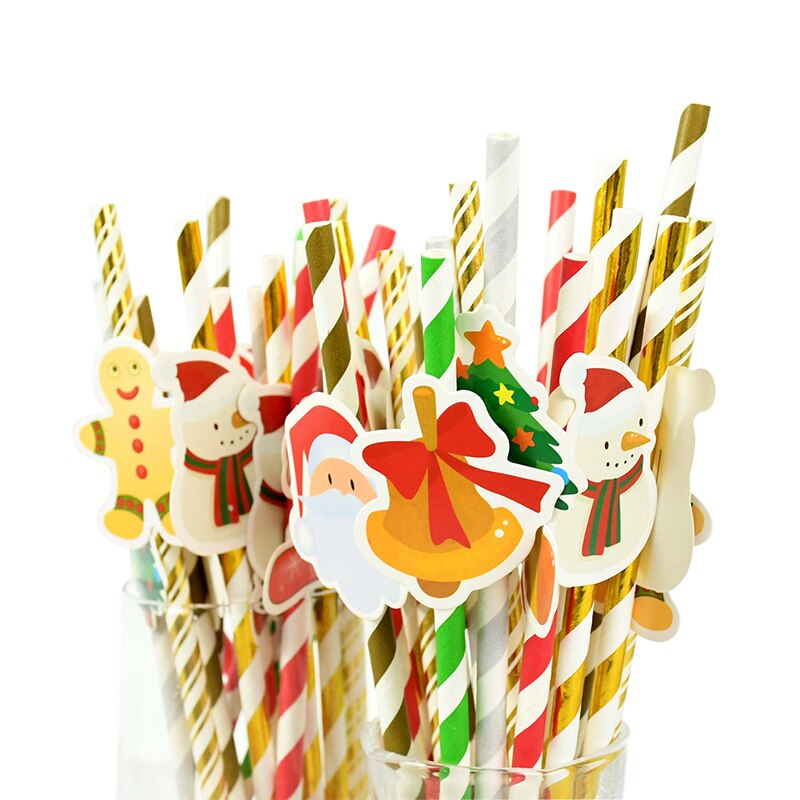 10pcs/set Santa Claus Snowman Elk Paper Drinking Straws Christmas Party DIY Paper Straw Tableware Year Party Decor Supplies