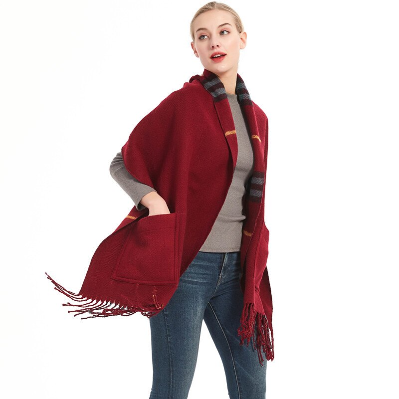 Chal grueso para mujer, bufanda larga de Cachemira de cuadros cálida roja con bolsillo, Otoño Invierno