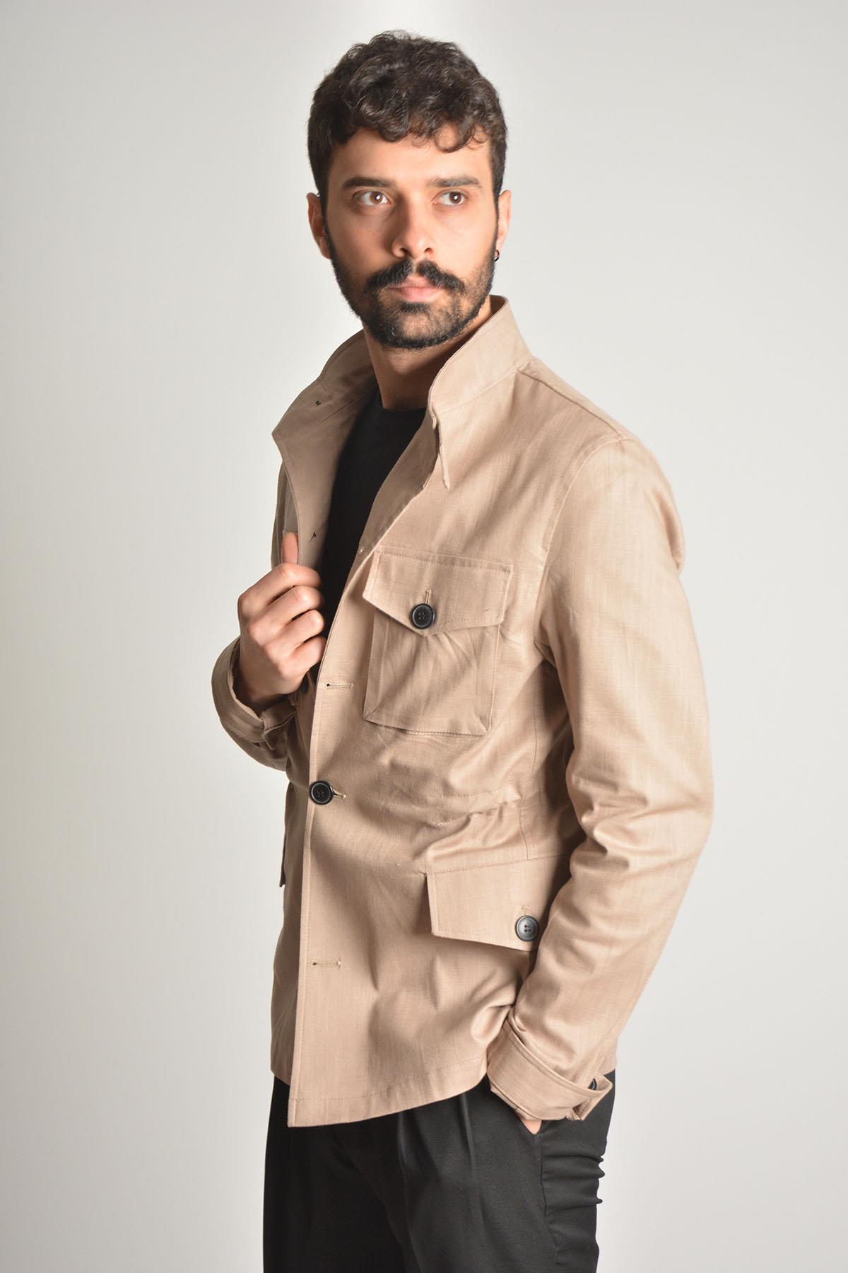 Safari-Chaqueta de lino para hombre, con bolsillos articulados, color Beige