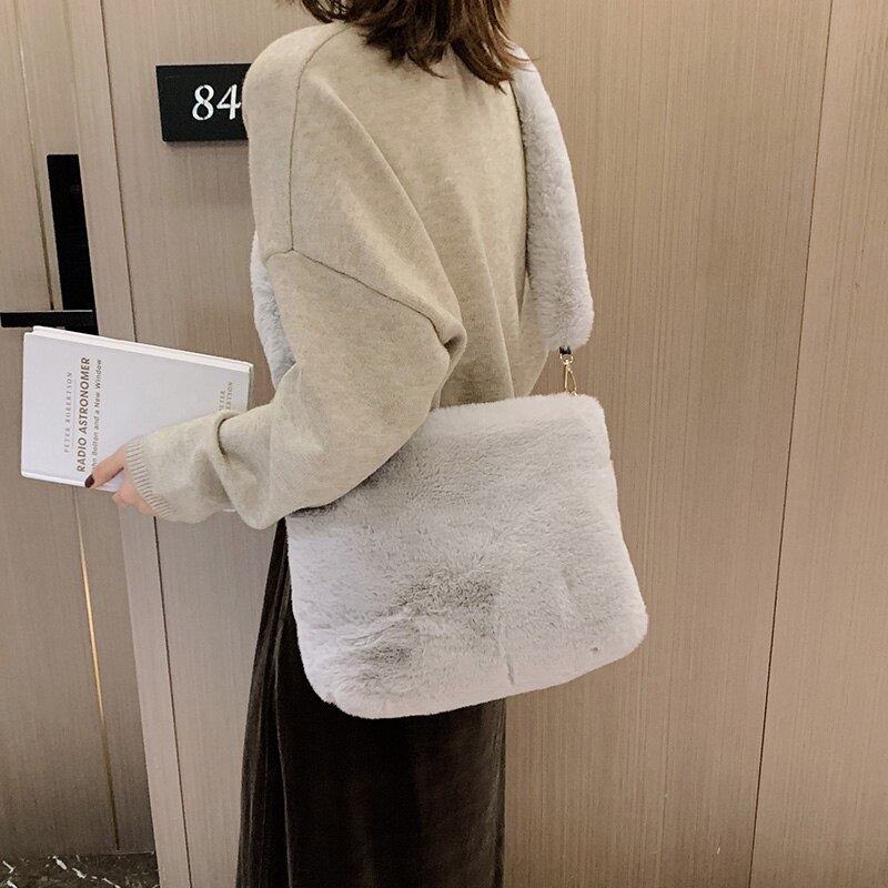 Vinter håndtaske kvinders overdådige skuldertasker blød pels hobo håndtaske kvinder stor kapacitet pung lady sac: Grå