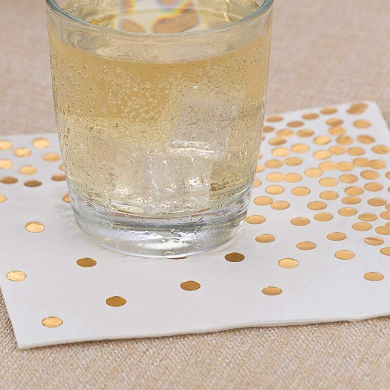 Gold Dot Cocktail Napkins (100 Pack)3-Ply Paper Napkins with Gold Foil Polka Dots Perfect for Birthday Party