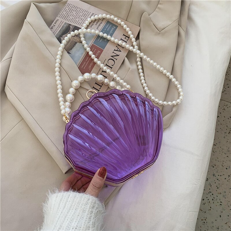 Acrylic Tote Transparent Shell bag PVC Women's Handbag Pearl strap Shoulder Messenger Bag: Purple