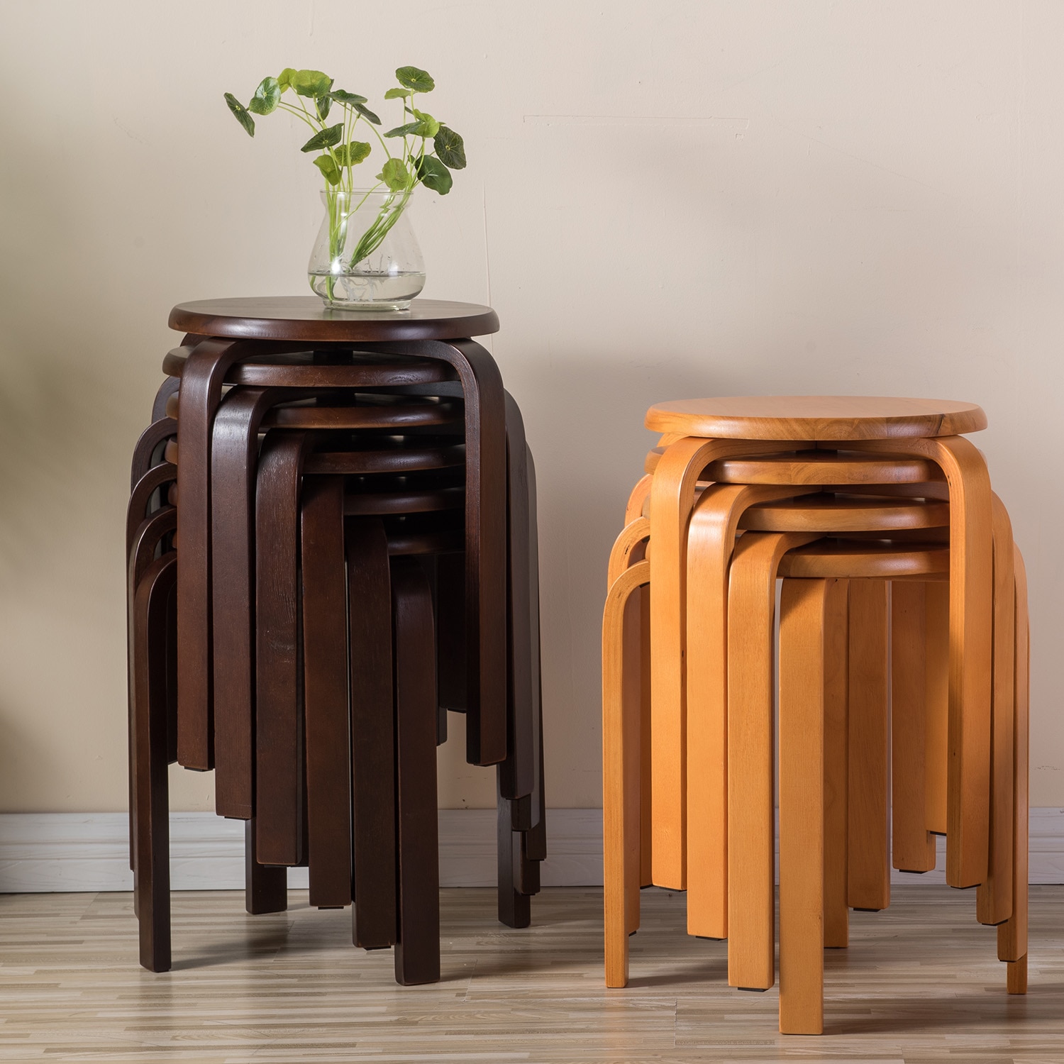 Modern K/D Rubber Wooden Stools Practical Round Stacking Living Room Stool Kitchen Small Chair for Home/Restaurants/Hotel/Bar