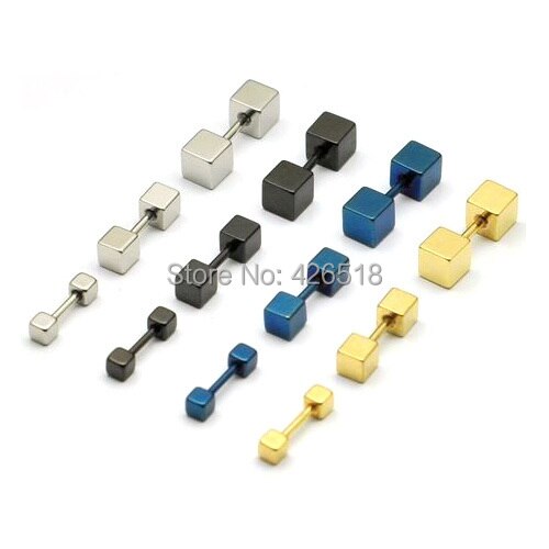 3 4 5mm width Cube Square titanium steel Punk Men Screw Back (pierced) stud earrings 4 colors