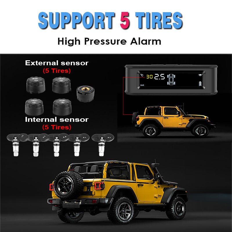 Tpms 5 däck bilsensor trycklarmövervakningssystem visar soltryckskontrollvarning via extern sensor 6 bar usb