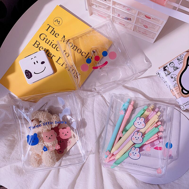 Läpinäkyvä pvc paksunnettu kawaii karhu kani työpöytä järjestäjä penaali meikki säilytyspussi koulun toimisto paperitavarat