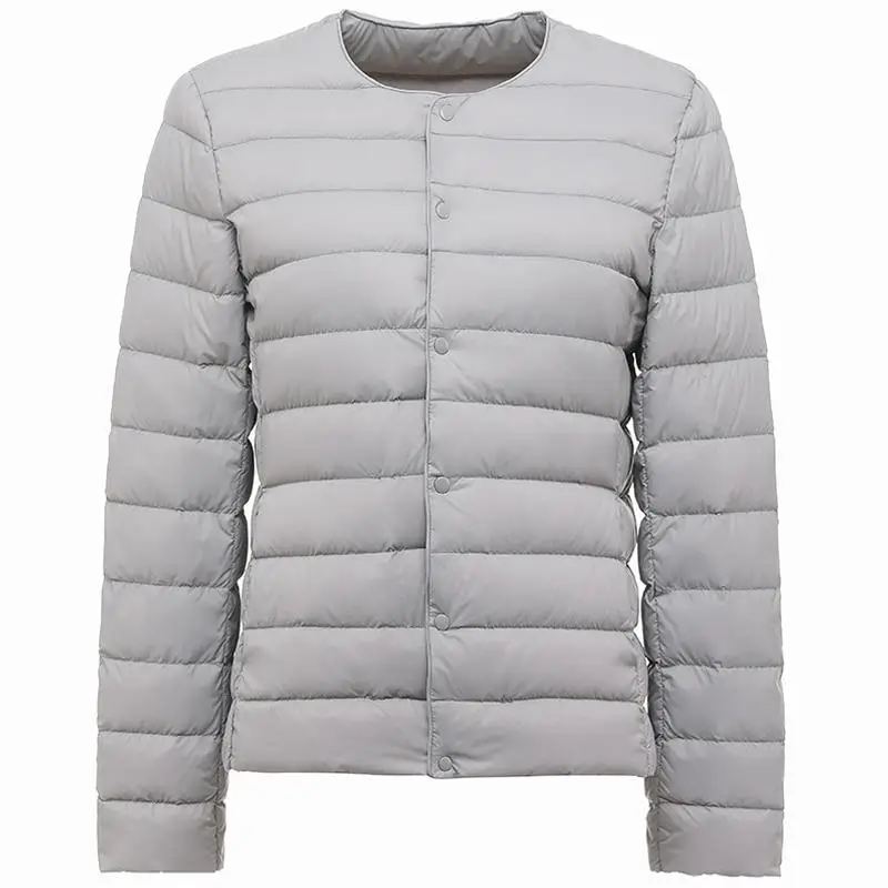 Dam vårjacka koreansk slim fit varm fodrad dunjacka ultralätt kragelös dam 90%  vit anddunsparka: L / Grå