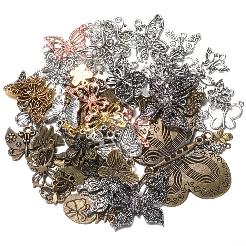 50g 100g Butterfly Mixed Charms Pendants Vintage Antique Bronze Silver Bracelets Necklace Craft Metal for DIY Jewelry Making: Mixed Colors / Weight 50g