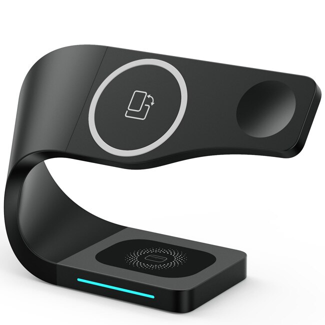 3 in 1 magnetiskt trådlöst laddarställ för iphone 12 13 pro max qi snabbladdning induktionsladdare för apple watch airpods: Svart