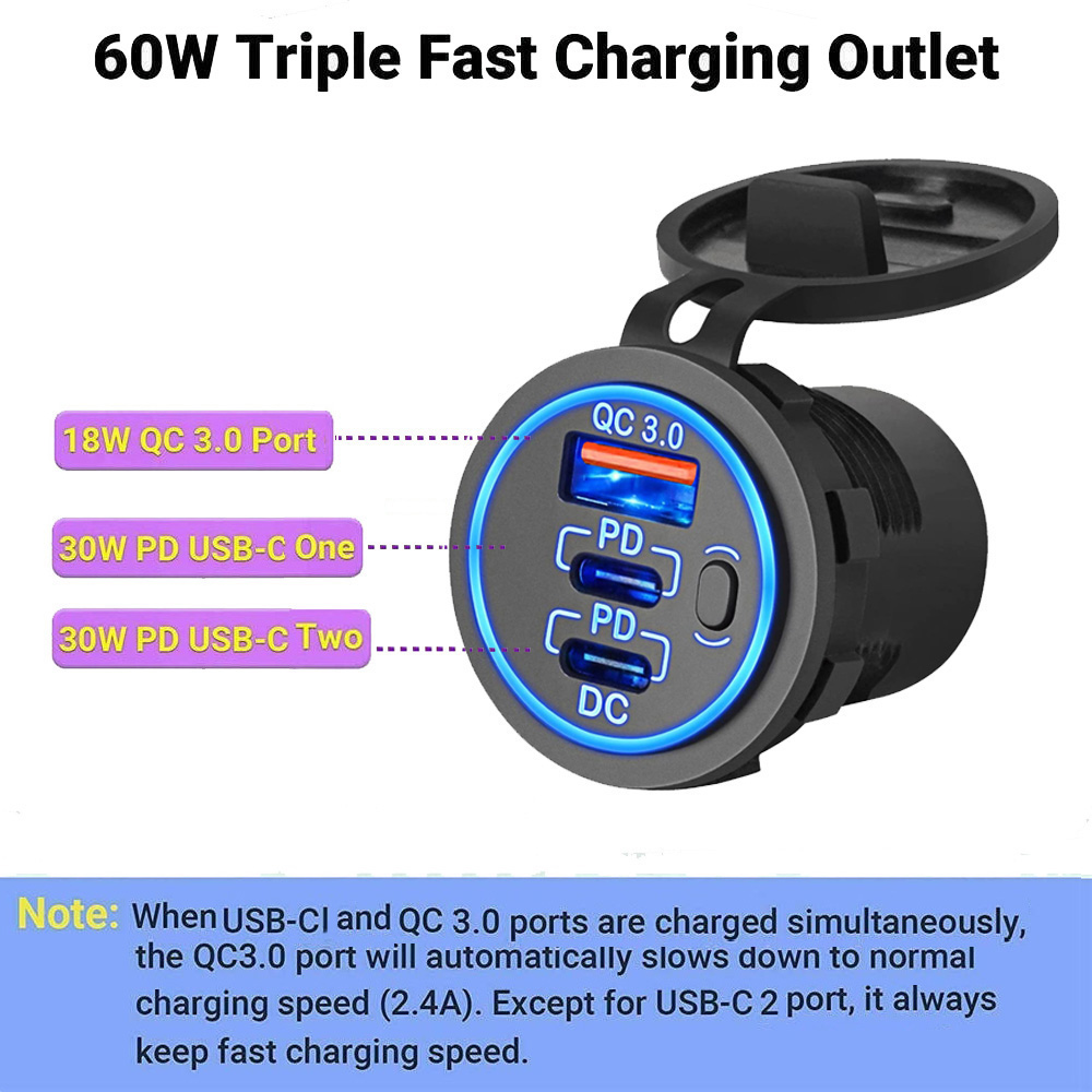 Enchufe de cargador de coche USB de 12V, doble puerto de 30W PD USB-C USB-C y 18W QC3.0, accesorios de cargador de coche para coche, RV, barco, camión marino y motocicleta