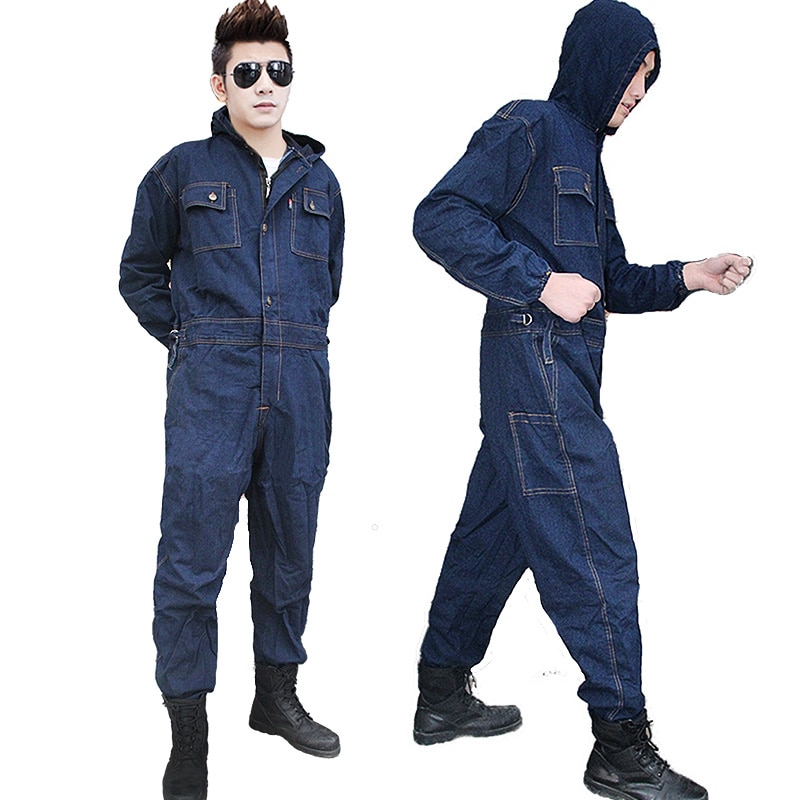 Mens Overalls Denim Work Clothing Hooded Coveralls Plus Size Labor Overalls For Worker Machine Welding Auto Repair Painting