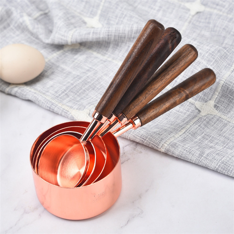 Rose Gold Stainless Steel Coffee Measuring Cup Measuring Spoon Set Utensils Scale Spoon Baking Wooden Handle Measuring Cup: Walnut cups 4pcs