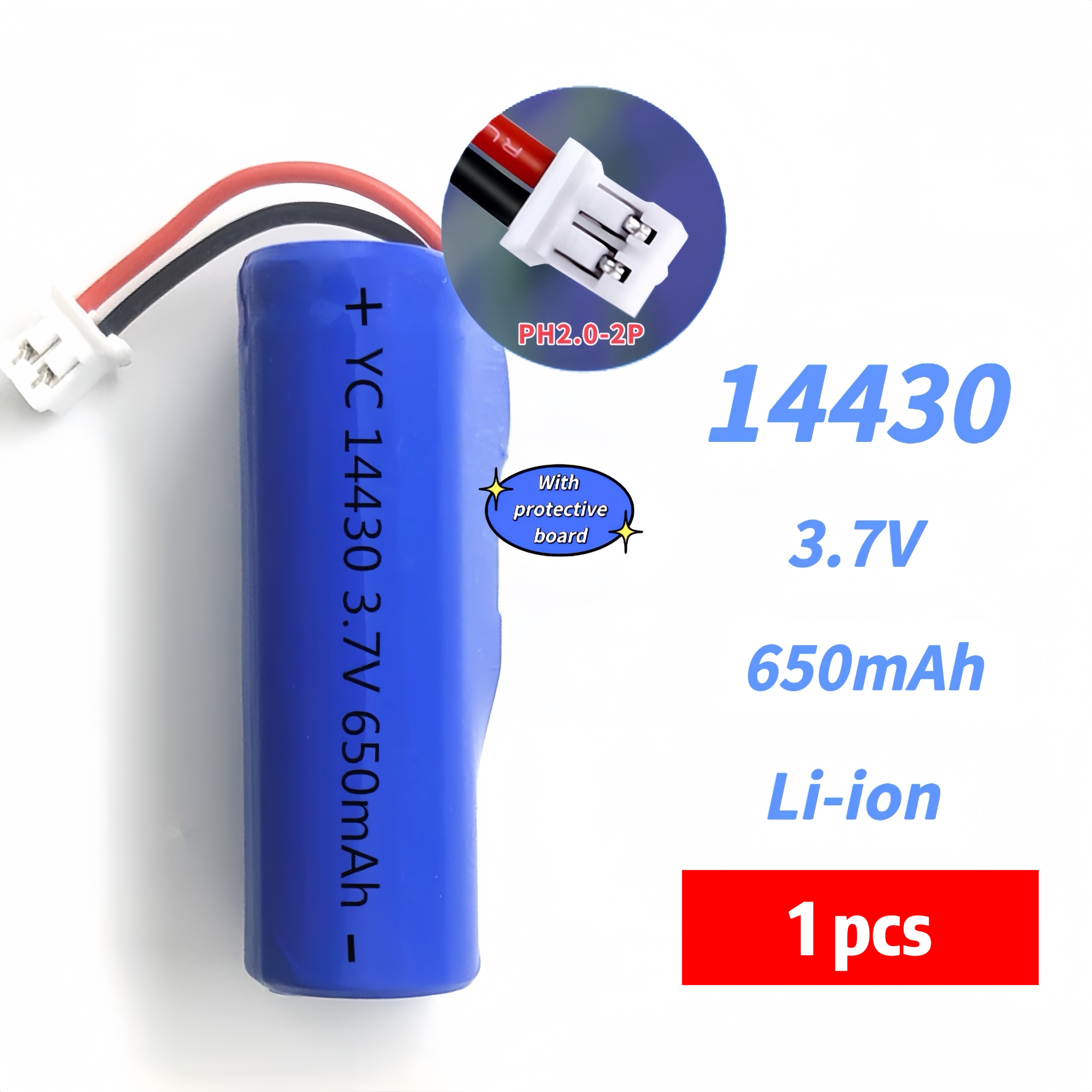 14430 Rechargeable lithium battery with connector 3.7V 650mAh USB Charging cable for Fan Flashlight Radio Headlamp Walkie-talkie: PURPLE