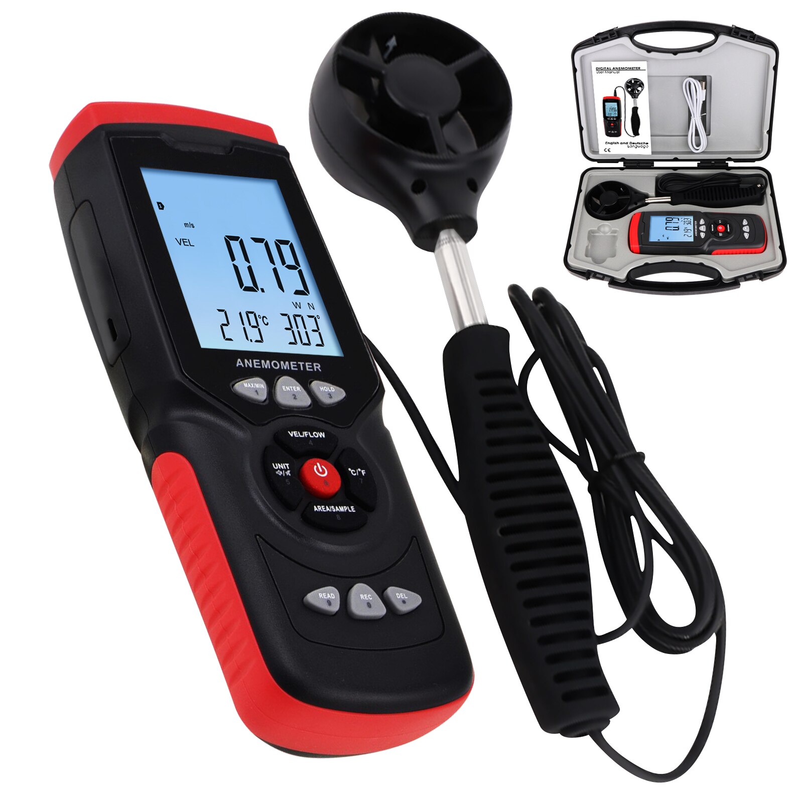 Anemometer Datalogger Sensor Wind Meter Digital Speedometer Air Flow Tester Speed Meter Data Hold &amp; Backlight w/ MAX / MIN / AVG