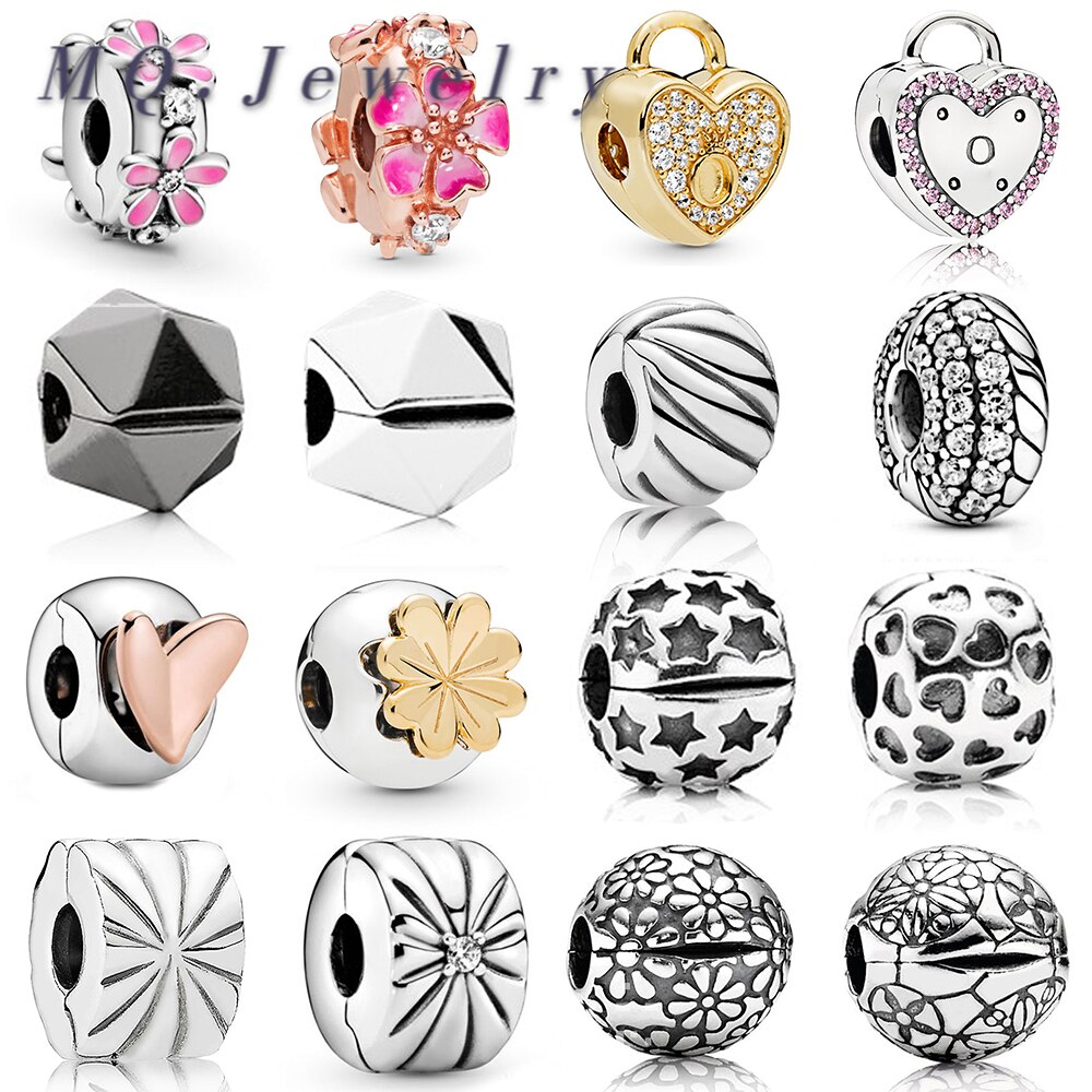 Popular 100% 925 Silver Original Jewelry Shining Crown Letter O Padlock Rock Star Pink Daisy Flower Clip Charm Fit DIY Bracelet
