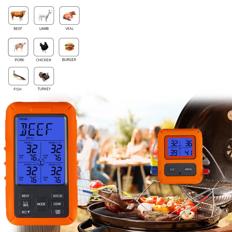 TS-TP40 Wireless Meat Thermometer Digital Remote Cooking Thermometer BBQ Food Thermometer with 4 Stainless Steel Probes for Gril